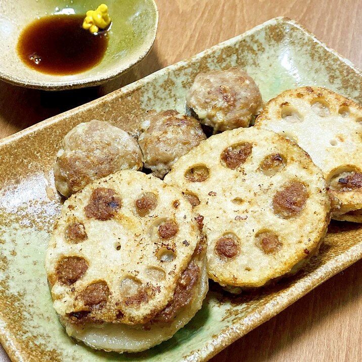 辛子醤油でうまい！れんこん＆しいたけバーグ♪